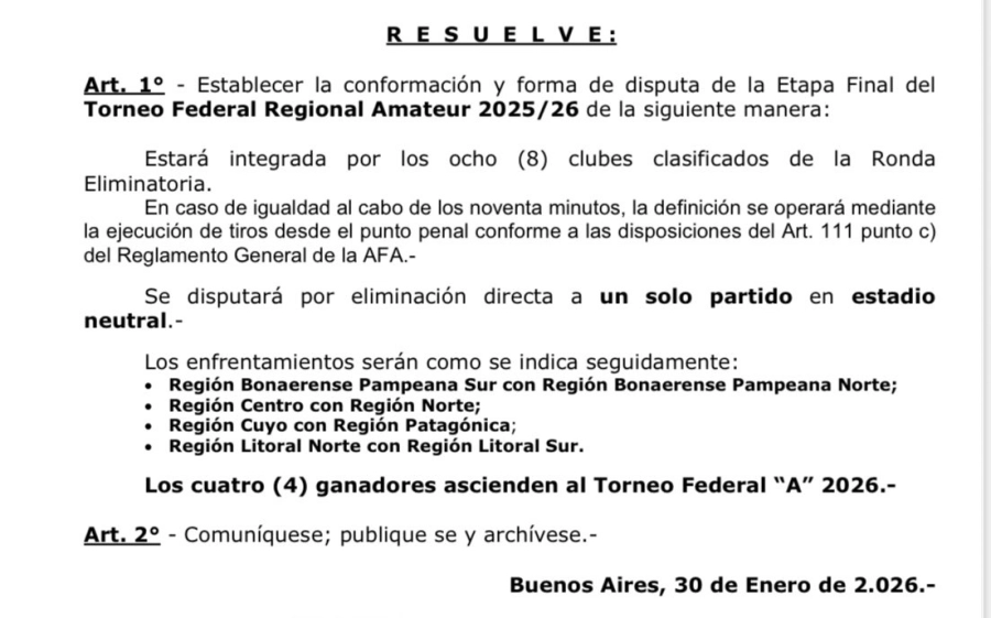 La resoluci&oacute;n del consejo federal sobre las finales del regional amateur