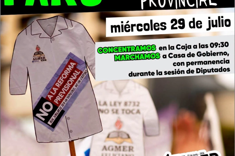 Por la reforma previsional, Agmer realizará un paro con movilización este miércoles